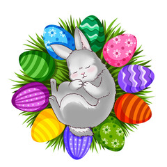 Cute Easter bunny, rabbit sleeping on the grass surrounded by colorful bright Easter eggs, happy spring, a holiday card hand-drawn in cartoon style, isolated on a white background.