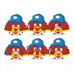 mechanic red chinese fan cute mascot character with pliers