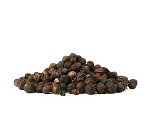 Heap of black peppercorns on white background