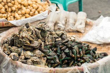 Slipper Oysters (Talaba), Green Mussels (Tahong) and Lanzones for sale at a Philippine market.