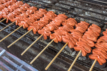 Rows of Isaw or chicken intestine on sticks being cooked on the grill. Isaw is a Filipino delicacy.