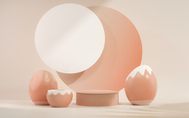 Easter eggs podium with 3d render vector in pastel pink and beige scene background. Easter day with geometry platform for product, Peach Fuzz is color trend of the Year 2024. 