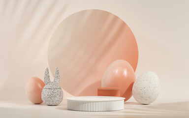 Easter eggs podium with 3d render vector in pastel pink and beige scene background. Easter day with geometry platform for product,stand to show. Peach Fuzz is color trend of the Year 2024