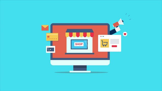 Internet business online shopping ecommerce application, advertising and marketing strategy for online branding. 2d animation 4k video clip. 