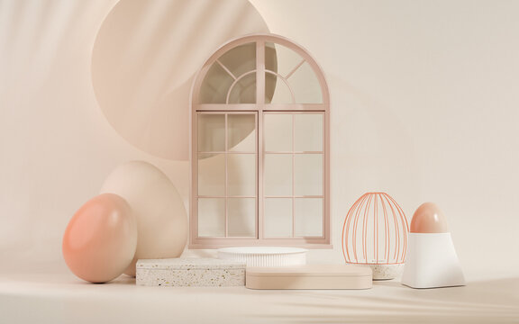 Easter eggs podium with 3d render vector in pastel pink and beige scene background. Easter day with geometry platform for product,stand to show cosmetic products. Stage showcase on pedestal display.