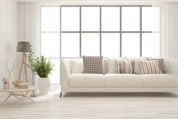 White living room with sofa. Scandinavian interior design. 3D illustration