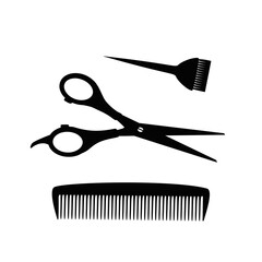 Vector set of hairdressing tools: scissors, comb and tassel for dyeing hair - obrazy, fototapety, plakaty