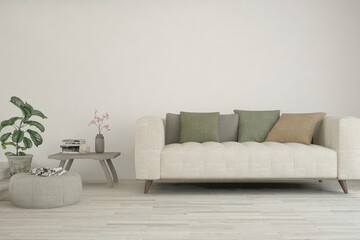 White living room with sofa. Scandinavian interior design. 3D illustration