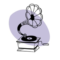 Vector black and white illustration of vintage gramophone in cartoon hand-drawn style.