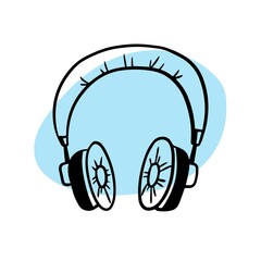 Vector black and white illustration of over-ear headphones in a cartoon, hand-drawn style.