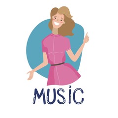 A flat illustration of a girl in a pink dress listening and dancing to music in a cartoon, hand-drawn style.