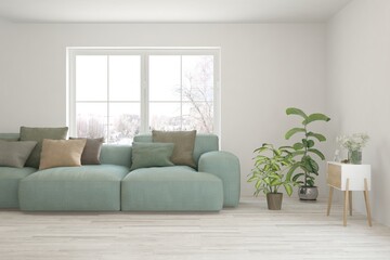 White living room with sofa and winter landscape in window. Scandinavian interior design. 3D illustration