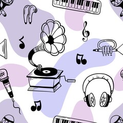 Vector seamless pattern about music, grimophone, piano and headphones in a cartoon hand-drawn style.