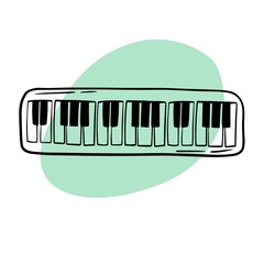 Vector black and white illustration of electronic piano line art in cartoon, hand-drawn style.