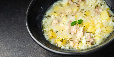 soup chicken meat vegetable broth and rice fresh healthy meal food diet still life snack on the table copy space food background rustic 