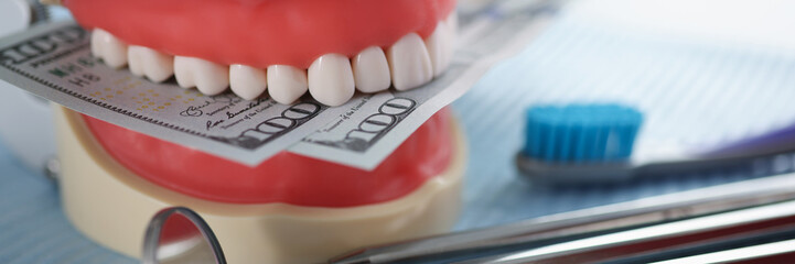 Artificial jaw mockup with money and dental instrument on table