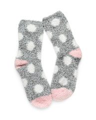 Pair of stylish warm socks on white background