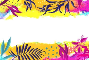 Keuken spatwand met foto Bright background of palms and plants in doodle and memphis style trendy colors orange yellow purple magenta and green in tropical style for print postcard or website with place for text © Екатерина Анисимова