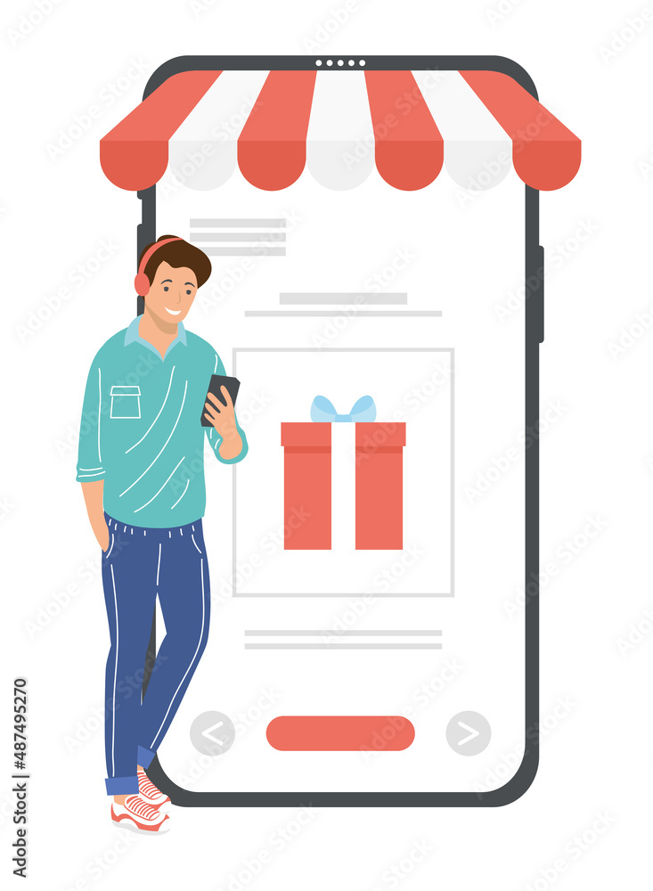 Poster man using smartphone ecommerce