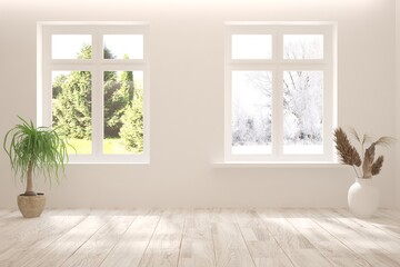 Fototapeta na wymiar Mock up of empty room in white color with winter and summer landscape in window. Scandinavian interior design. 3D illustration