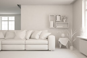 Mock up of stylish room in white color with sofa. Scandinavian interior design. 3D illustration
