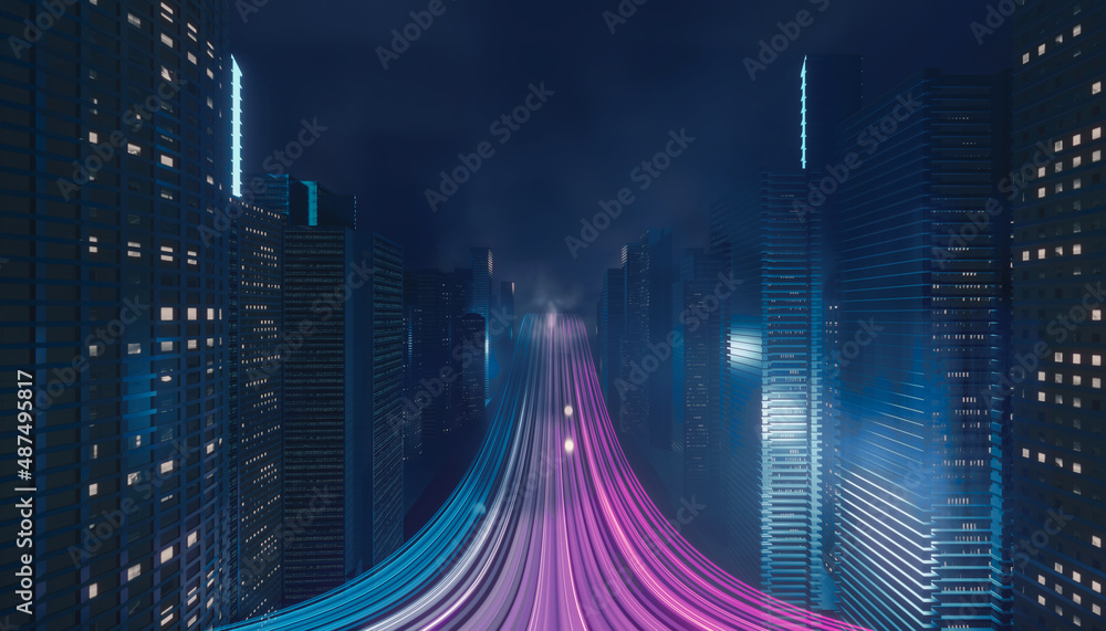 Poster light trial effect way with dark neon building technology background. cyberpunk concept. 3d illustra