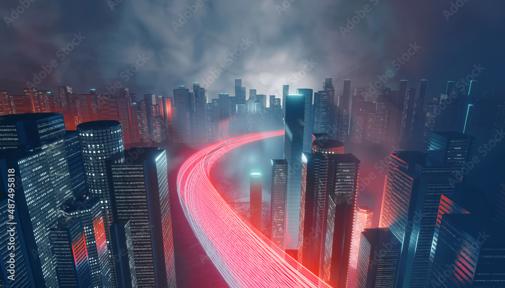 Poster light trial effect way with dark neon building technology background. cyberpunk concept. 3d illustra