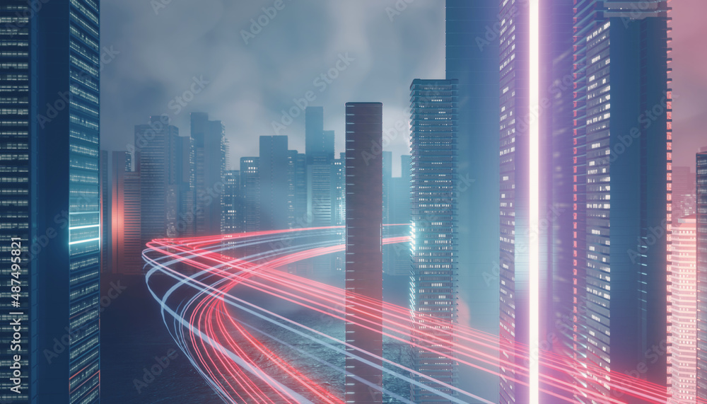 Poster light trial effect way with dark neon building technology background. cyberpunk concept. 3d illustra