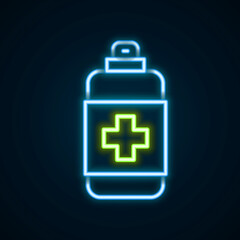 Glowing neon line Bottle of liquid antibacterial soap with dispenser icon isolated on black background. Antiseptic. Disinfection, hygiene, skin care. Colorful outline concept. Vector