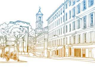Old street in hand drawn sketch style. Nice, Provence, France. Vector illustration. Line Art. Nice European city. Colorful urban landscape on white background. Without people.