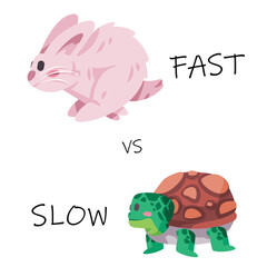 fast vs slow rabbit hare bunny and turtle tortoise hand drawn cartoon run competition