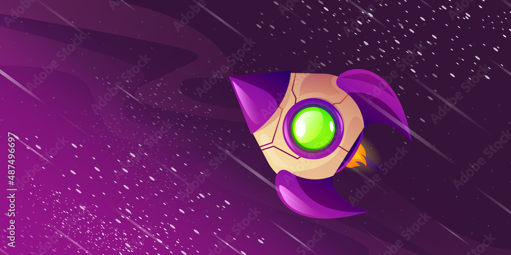Poster spaceship flying outer space with in stars in purple sky with nebula and milky way. interstellar tra