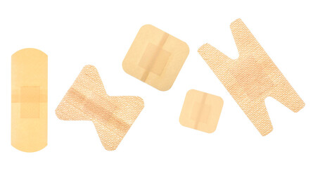 Set of different adhesive bandages isolated on a white background, top view. Sticky plasters.
