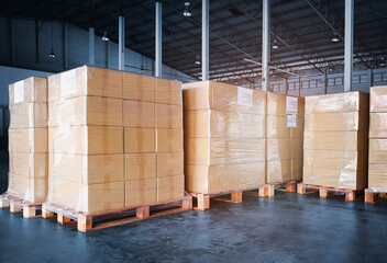 Packaging Boxes Wrapped Plastic Film on Pallets in Storage Warehouse. Supply Chain. Storehouse Commerce Shipment. Shipping Warehouse Logistics.	
