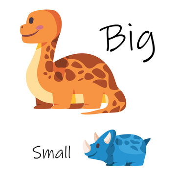 Big vs small comparison between large dinosaur brontosaurus and small triceratops colorful graphic kiddy illustration