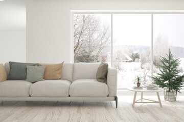 White living room with sofa and winter landscape in window. Scandinavian interior design. 3D illustration