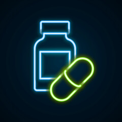 Glowing neon line Sleeping pill icon isolated on black background. Colorful outline concept. Vector