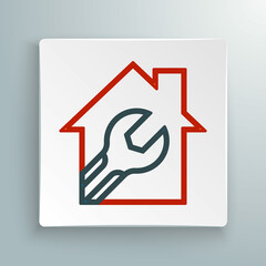 Line House or home with wrench spanner icon isolated on white background. Adjusting, service, setting, maintenance, repair, fixing. Colorful outline concept. Vector