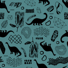 Seamless pattern with cartoon dinosaurs. For cards, party, banners, and children room decoration. - 487497435