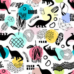 Seamless pattern with cartoon dinosaurs. For cards, party, banners, and children room decoration.