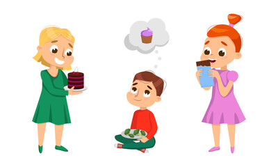 Fototapeta premium Children eating sweets and vegetables set. Healthy and unhealthy for children cartoon vector illustration