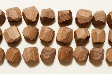 Tumi ishi japanese table game meditation, background from eco-friendly wooden polygonal stones for building high tower, pattern with wood blocks on beige paper background, view from above.