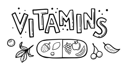 Vitamins lettering text. Positive summer quote. Black handwritten letters on white background with doodle elements. Designed for card, cover, apparel, t shirt, sign, banner. Vector illustration.