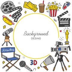 Cinema handmade. Vector illustration. Film production icons. social media Freehand cinematography elements: camera, film, camera, pizza, popcorn, projector, microphone