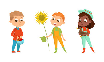 Kid farmers working on farm set. Boy and girl gardener harvesting and taking care of farm animals cartoon vector illustration