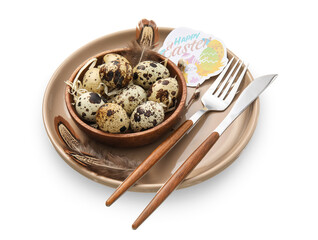 Stylish Easter table setting on white background
