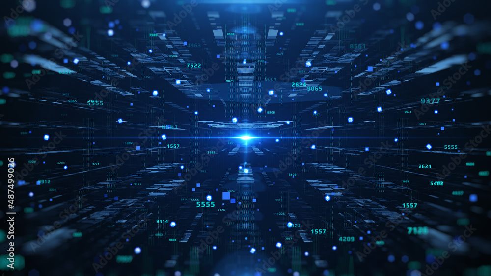Poster Futuristic Big Data Transfer Connection Simulation Platform Fly Through System Check Analysis Illustration Background.