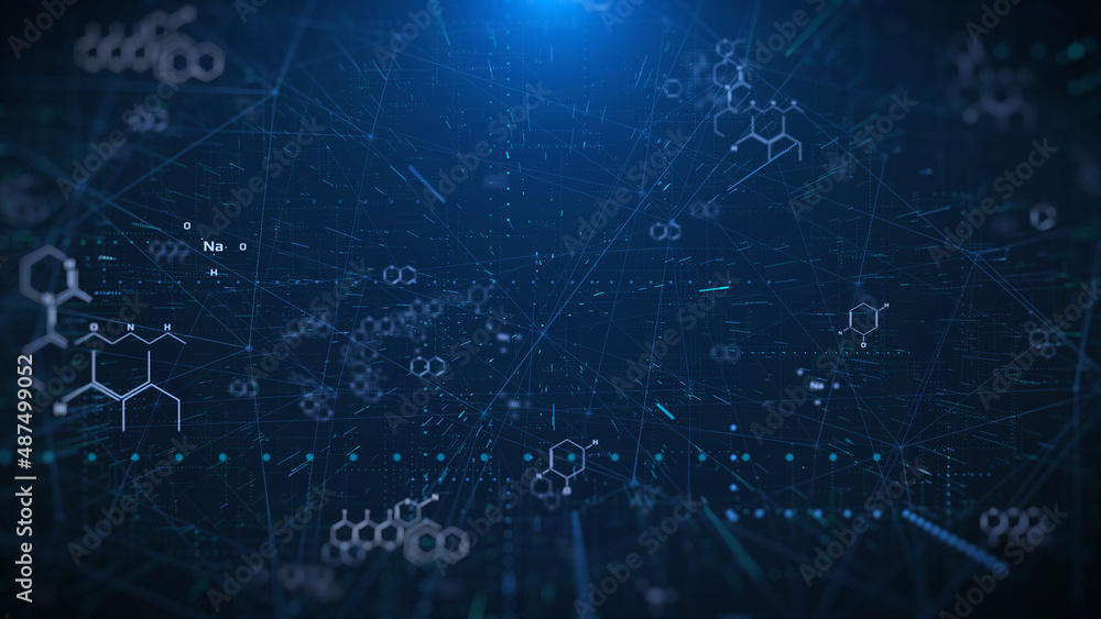 Poster blue abstract chemical molecule structure data monitoring system illustration.