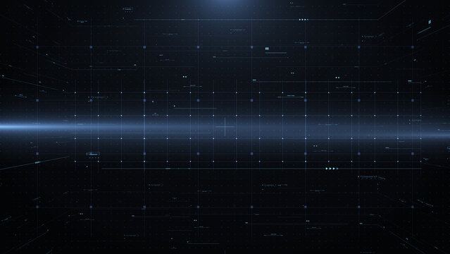 HUD Blue Scifi Digital Information Data Monitoring System Technology Illustration. Cyber Space Grid Area Pattern Texture Information For Screensaver, Game, Science Fiction Background.