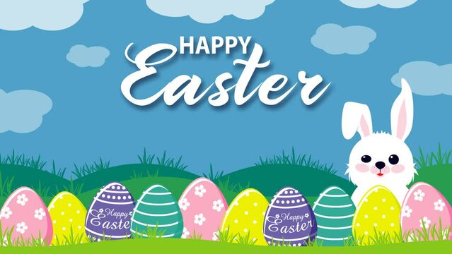 Happy Easter banner with eggs and cute bunnys. Vector 2D animation.